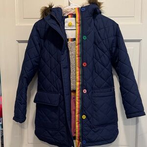 Boden Navy Diamond Quilted Parka with Rainbow Trim